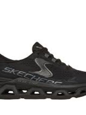 Skechers Black and White Text Detail Close-Up